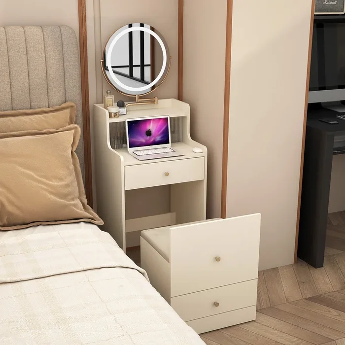 3 In 1 Vanity Desk With Mirror And Light ,Small Makeup Vanity Set With Charging Station, With 2 Drawers And Open Storage Space, With Upholstered Stool, Compact Dressing Table Writing Desk For Small Sp Light Yellow Mdf