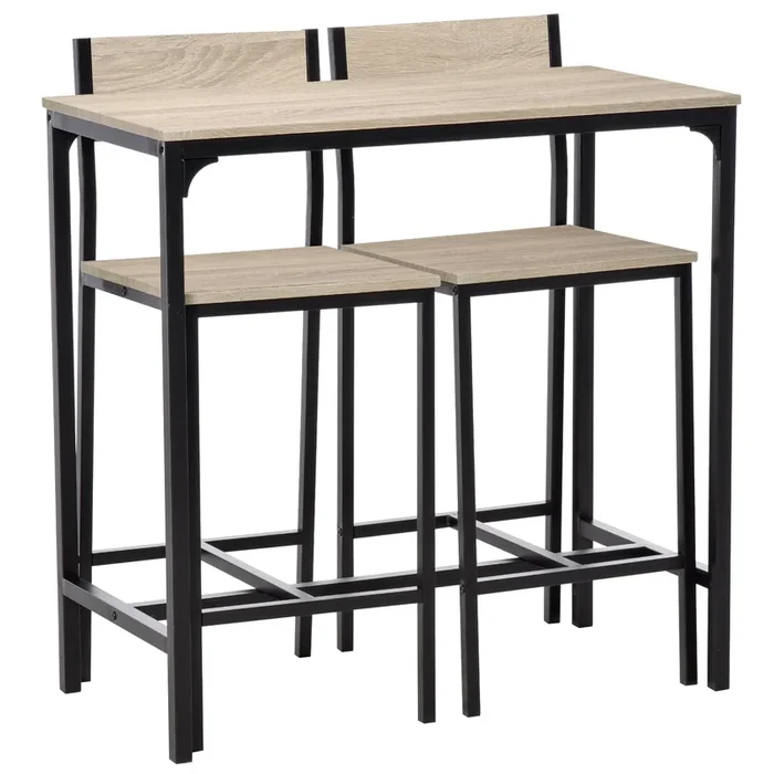 3 Piece Bar Table and Chairs, Industrial Dining Table Set for 2, Counter Height Kitchen Table with Bar stools, Breakfast Table Set for 2 for Small Space, Natural