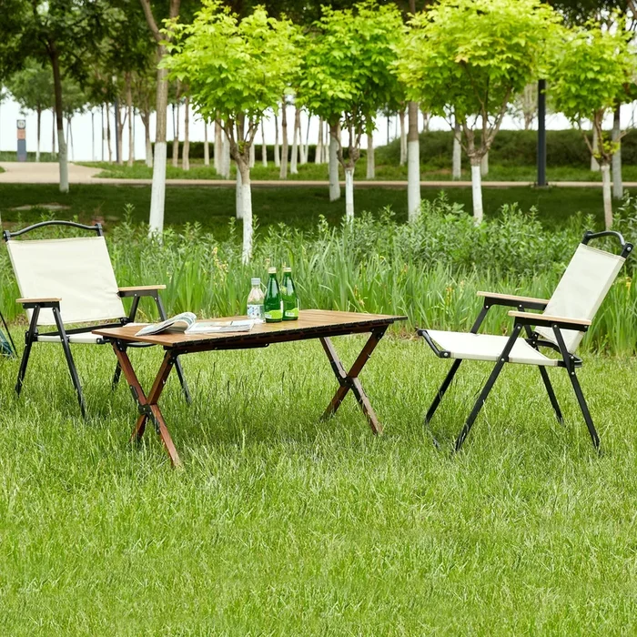 3-piece Folding Outdoor Table and two chairs,Lightweight Aluminum Roll-up Square for indoor, Outdoor Camping, Picnics, Beach,Backyard, BBQ, Party, Patio, Brown/Beige