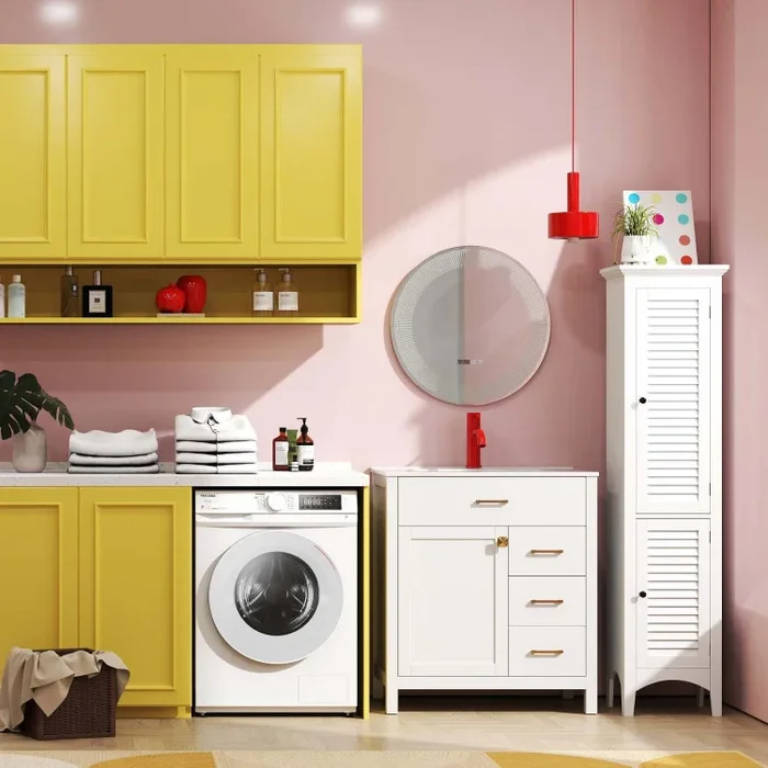 3-Piece Laundry room Bundle: Single Bathroom Vanity + Tall Bathroom Floor Cabinet + 2.6 Cu.ft Compact Portable Clothes Dryer