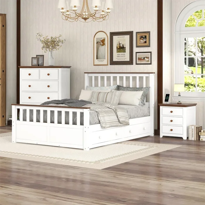 3-Pieces Bedroom Sets Full Size Platform Bed with Nightstand(USB Charging Ports) and Storage Chest,White+Walnut