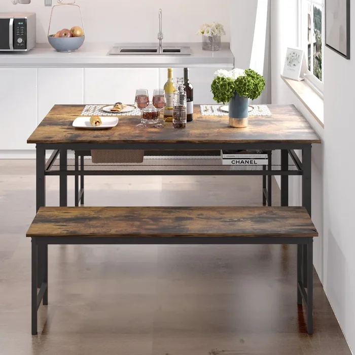 3 Pieces Farmhouse Kitchen Table Set With Two Benches, Metal Frame And Mdf Board Brown Mdf