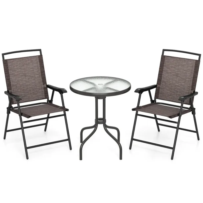 3 Pieces Patio Round Table and Folding Chairs Set with Rippled Tempered Glass Tabletop