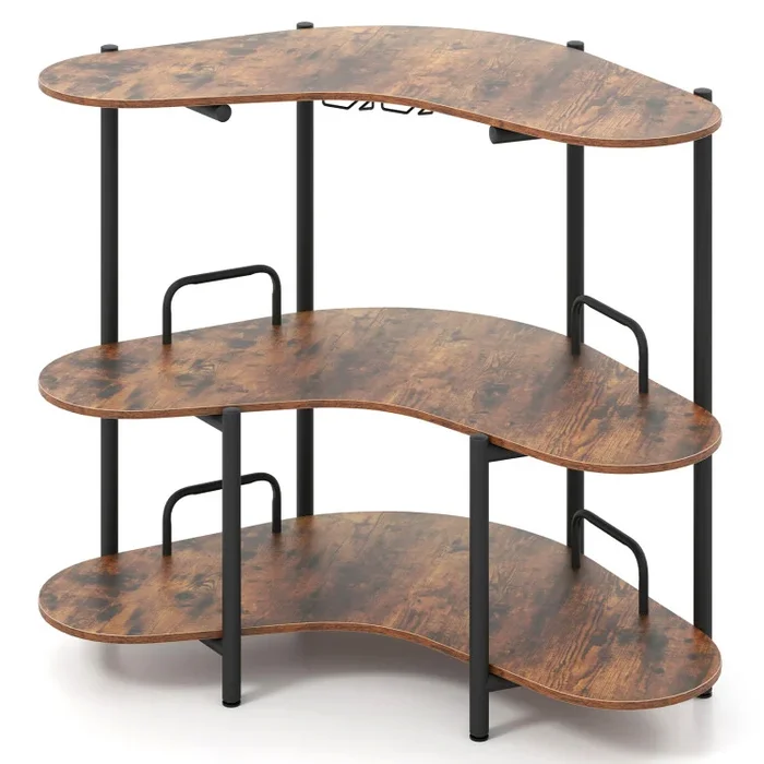 3-Tier Liquor Bar Table with Stemware Racks and Storage Shelves