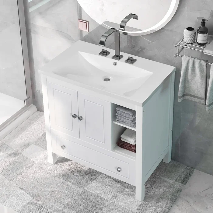 30″ Bathroom Vanity with Sink, Bathroom Storage Cabinet with Doors and Drawers, Solid Wood Frame, Ceramic Sink, White