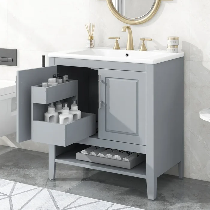 30″ Bathroom Vanity with Sink, Multi-functional Bathroom Cabinet with Doors and Drawers, Solid Frame and MDF Board, Grey