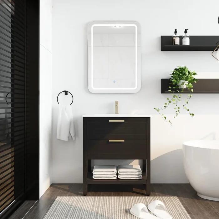30 Inch Bathroom Vanity With Sink And 2 Soft Close Drawers, Golden Handle Bvb01030Bctg Bl9075B Black Chestnut Bathroom Modern Plywood