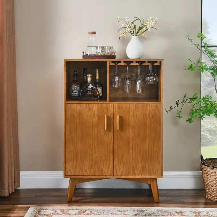 31.5″ Liquor Cabinet With Wine Glass Holder & Wine Rack & Adjustable Shelf, Wine Cabinet, Kitchen Coffee Bar Cabinet, Rustic Sideboard Buffet Cabinet With Storage For Home Farmhouse Dining Room Wood Mdf