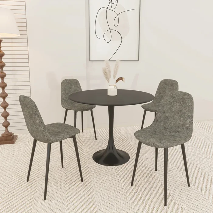 31.5″ Round Dining Table Set For 4, Black Dining Table Mdf Easy Clean With Durable Metal Legs, 4 Pcs Comfortable Dining Chair Suede Upholstered Chair For Restaurant,Guest Receptions Metal Black Gray