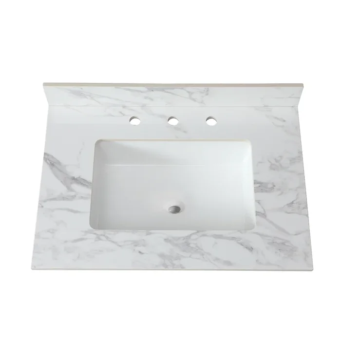 31″X22″Bathroom Vanity Top,Sintered Stone Carra Whitebarthroom Vanity Sink Tops With Rectangular Undermount Ceramic Sink With Vanity Backsplash, Three Faucet Hole Bathroom Vanity Countertop White