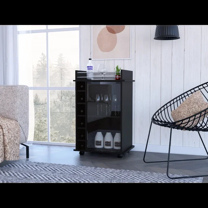 32″ H Black Bar Coffee Cart, Kitchen Or Living Room Cabinet Storage With With 4 Wheels, With 6 Bottle Racks, A Central Shelf Covered By 1 Glass Door, 1 Support Surface With Aluminum Front. Black Particle Board Particle Board