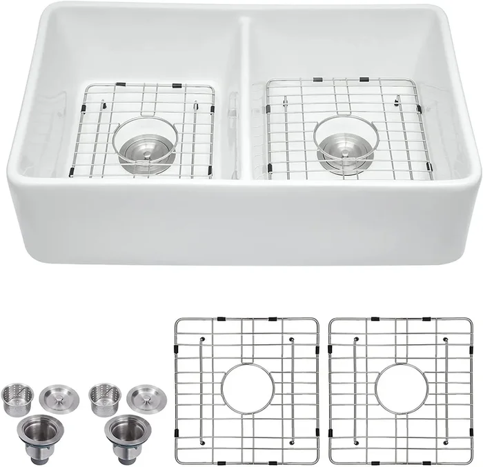 32″ L x 20″ W Double Basin Farmhouse Kitchen Sink with Basket Strainer