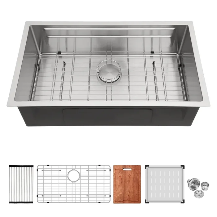 33″ Undermount Kitchen Sink 33*19 Inch Single Bowl 16 Gauge Stainless Steel Ledge Workstation Kitchen Sinks Brushed Nickel Stainless Steel