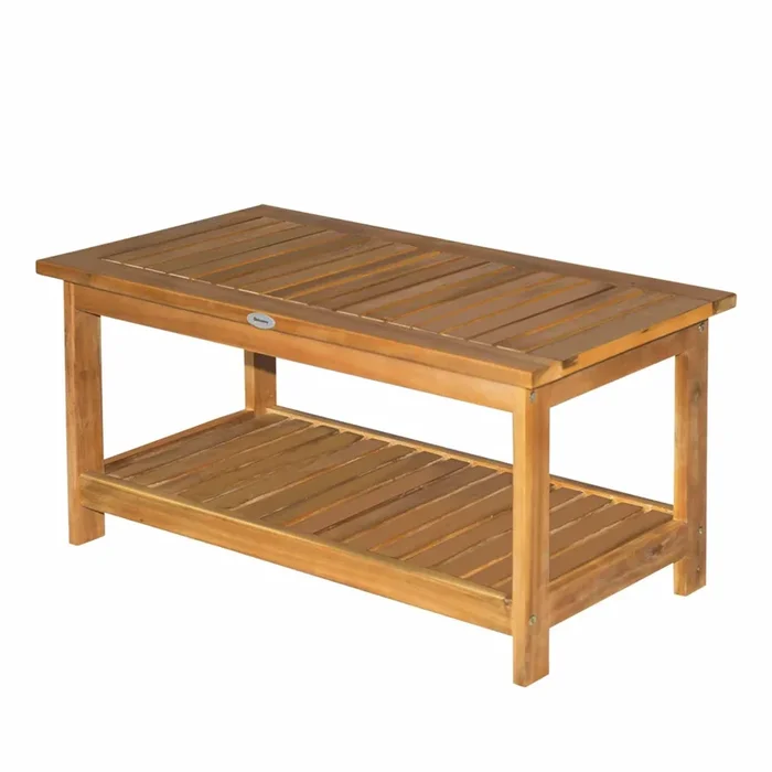 36″ Outdoor Coffee Table 2-Shelf Acacia Wood Rectangular Buffet Storage Organizer Natural Finish Teak Patio, Deck, Lawn, Garden