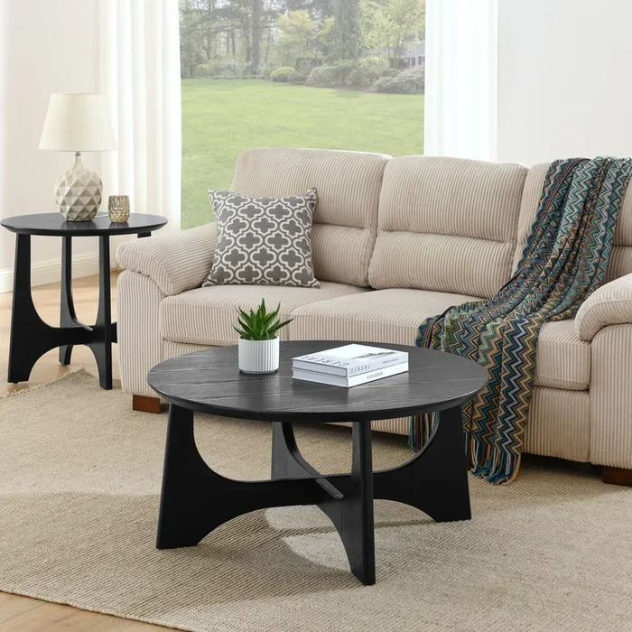 36″ Round Coffee Table, Wooden Coffee Tables for Living Room Reception Room (Black)