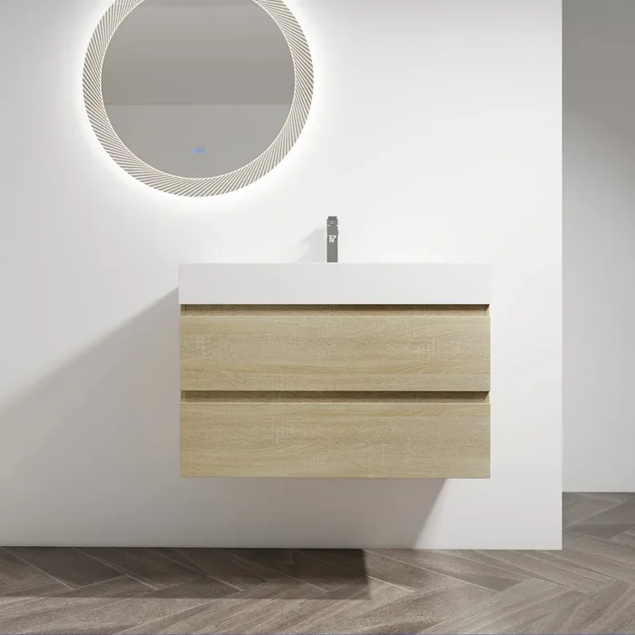 36″ Wall Mounted Bathroom Vanity With Resin Sink, 2 Soft Close Drawers, Kd Package 2 Light Oak Bathroom Wall Mounted Modern Plywood