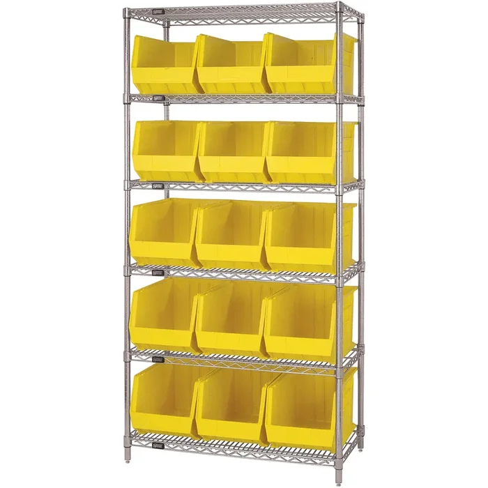 36 x 18 x 74 – 6 Shelf Wire Shelving Unit with (15) Yellow Bins
