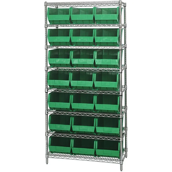 36 x 18 x 74 – 8 Shelf Wire Shelving Unit with (21) Green Bins