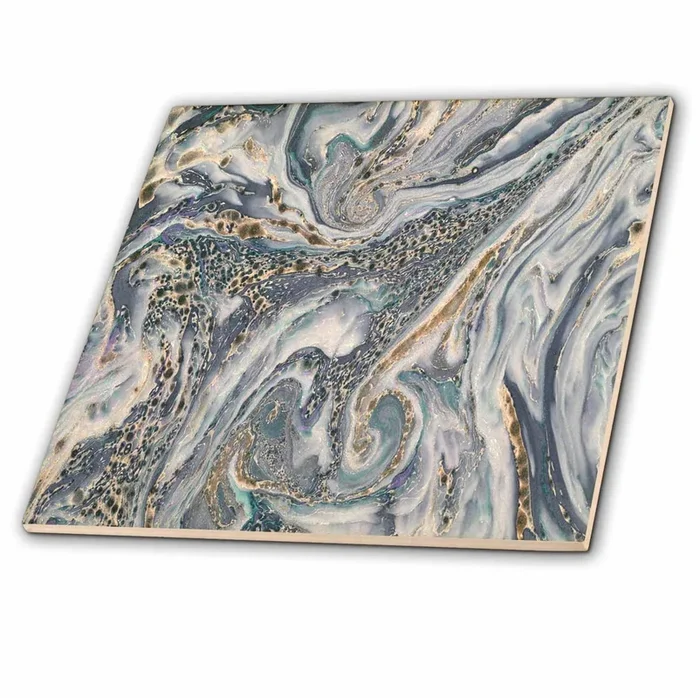 3dRose Blue Gray and Gold Marble Texture Effect – Ceramic Tile, 6-inch