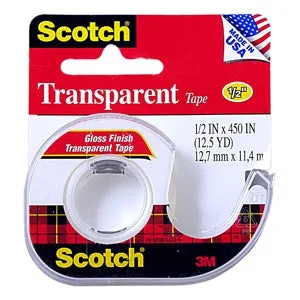 3M Scotch Transparent Tape (Shiny Finish) 1/2″x450″ w/Dispenser, 12 rolls/box