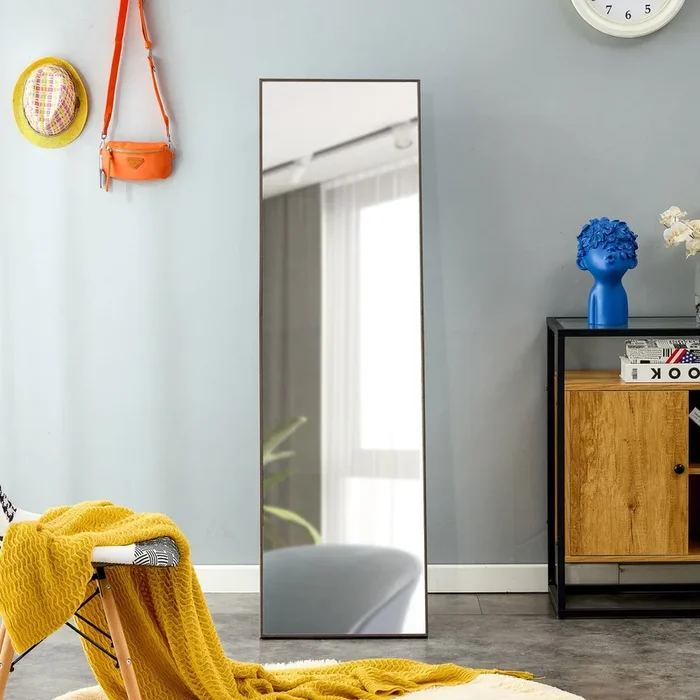 3rd generation gray solid wood frame full-length mirror, dressing mirror, bedroom porch, decorative mirror, clothing store, floor standing large mirror, wall mounted.60″x17″