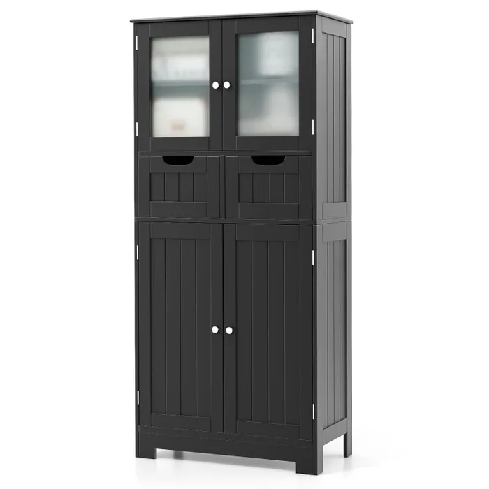 4 Door Freestanding Bathroom Floor Storage Cabinet with 2 Drawers and Glass Doors