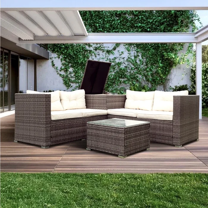 4 Piece Patio Sectional Wicker Rattan Outdoor Furniture Sofa Set with Storage Box – Creme