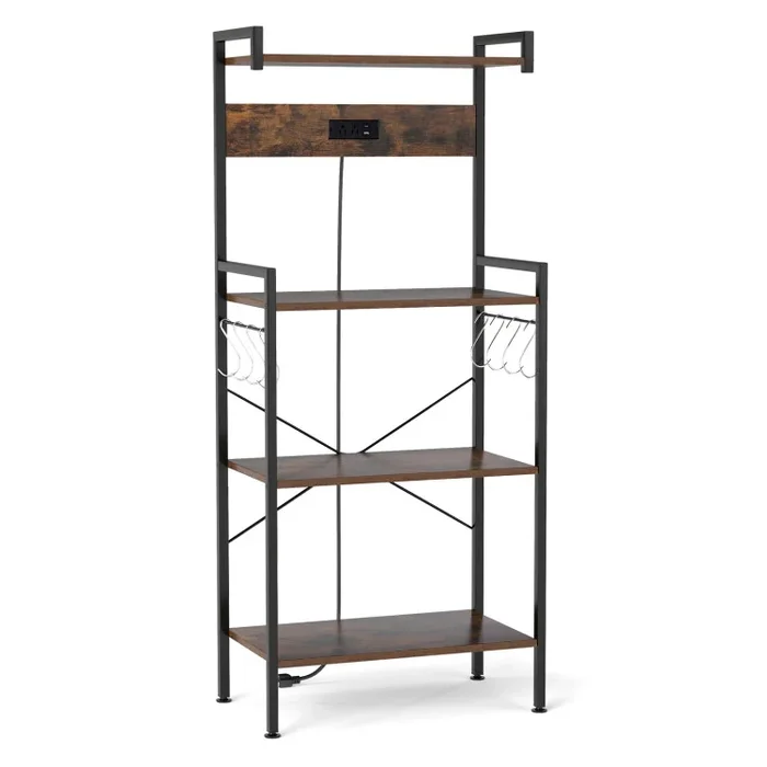 4-Tier Kitchen Bakers Rack with Power Outlet and 8 Hooks