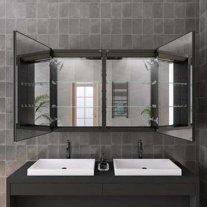 40″ X 30″ Lighted Medicine Cabinet With Mirror Aluminum Mirrored Cabinets For Bathroom Recessed Or Wall Mount, With Electrical Outlet Usb Anti Fog 3 Colors Light Built In Sensor Lamp Matte Black Modern Glass Aluminium Alloy