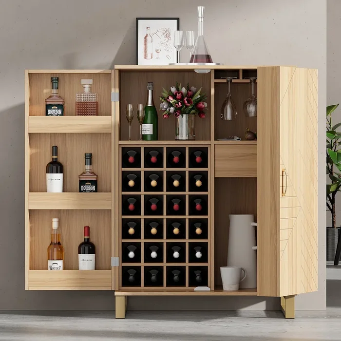 42.5″ Modern Home Bar Cabinet Carved Wine Cabinet With Storage Natural Dining Room Contemporary Mdf