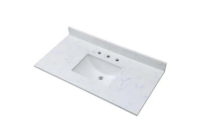 43″X 22″ Bathroom Stone Vanity Top Carrara Jade Engineered Marble Color With Undermount Ceramic Sink And 3 Faucet Hole With Backsplash White Stone