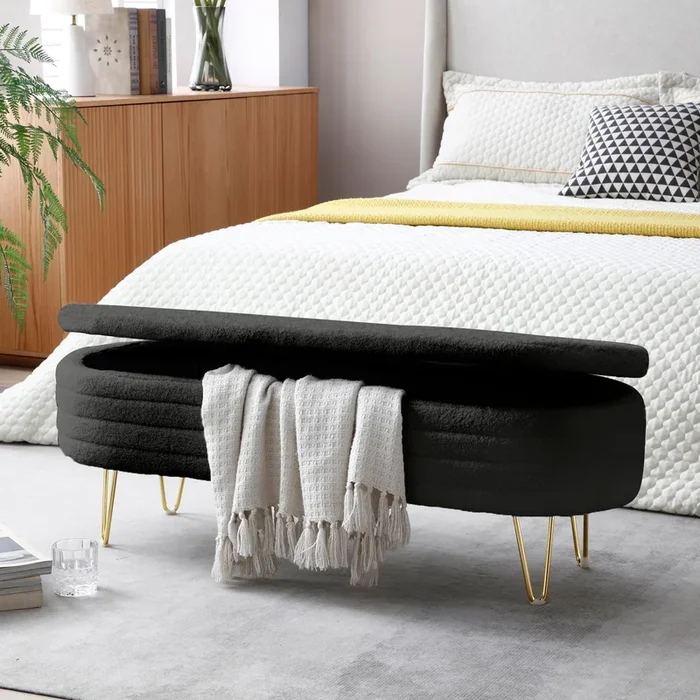 46.9″ Width Oval Storage Bench With Gold Legs,Teddy Fabric Upholstered Ottoman Storage Benches For Bedroom End Of Bed,Sherpa Fabric Bench For Living Room,Dining Room,Entryway,Bed Side,Black Black Polyester