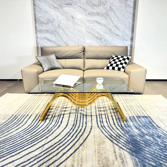 47″ Rectangle Modern Stainless Steel Coffee Table, Clear Tempered Glass Coffee Table, Center Table, For Living Room Home Office, Easy Assembly, Gold Clear,Gold Modern Open Storage Rectangular