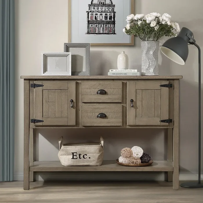 48″ Solid Wood Sideboard Console Table with 2 Drawers and Cabinets and Bottom Shelf, Retro Style Storage Dining Buffet Server Cabinet for Living Room Kitchen Dining Room (Rustic)