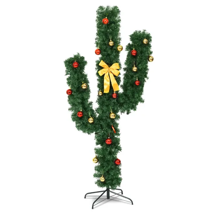5/6/7 Feet Artificial Cactus PVC Christmas Tree with LED Lights and Ball Ornaments