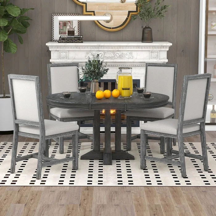 5-Piece Dining Set Extendable Round Table and 4 Upholstered Chairs Farmhouse Dining Set for Kitchen, Dining Room (Black)