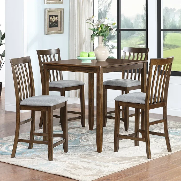 5 Piece Dining Table Set, Wooden Dining Square Table Set For 4, Counter Height Kitchen Table Set With Square Table And 4 Upholstered Chairs For Small Space, Walnut Wood Walnut Seats 4 Gray Wood Dining Room Acacia 4 Leg Square Dining Table With Chair