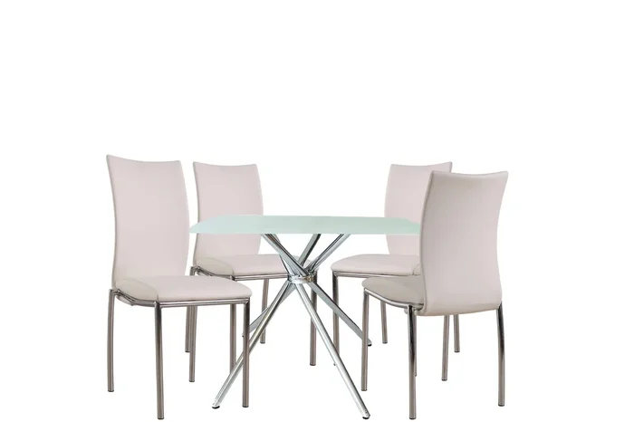 5 Pieces 36″ Inch Contemporary Elegance Squared Dining Set In White Metal Dining Room Fixed Table Square Dining Table With Chair Upholstered Chair Glass White Pu Solid Back Seats 4 Contemporary,Modern,Transitional Square 4 Leg Foam Glass Metal