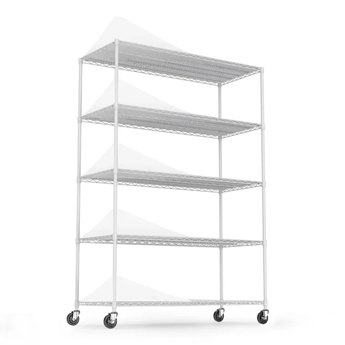 5 Tier 6000lbs Heavy Duty Adjustable Storage Rack Metal Shelf Wire Shelving Unit with Wheels & Shelf Liners – 82″ H x 48″ L x 24″ D – White
