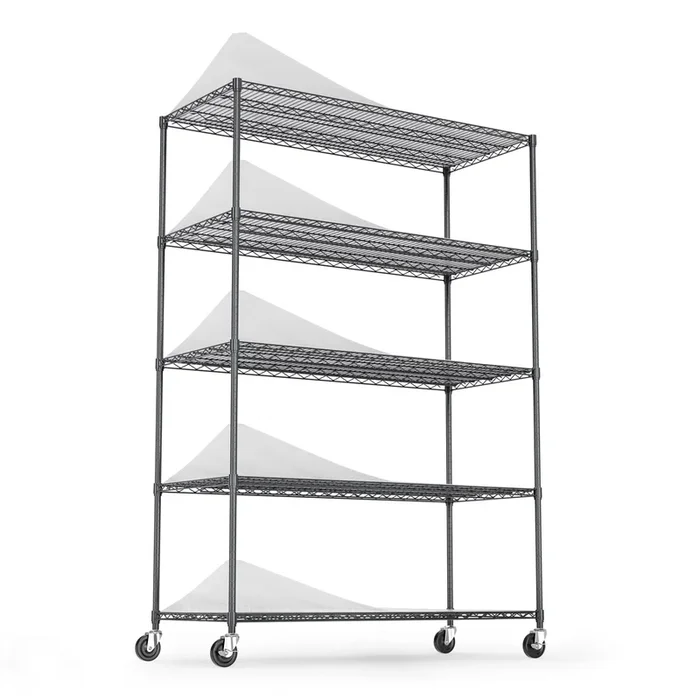 5 Tier 6000lbs Heavy Duty Adjustable Storage Rack Metal Shelf Wire Shelving Unit with Wheels & Shelf Liners – 82″ H x 48″ L x 24″ D – Black