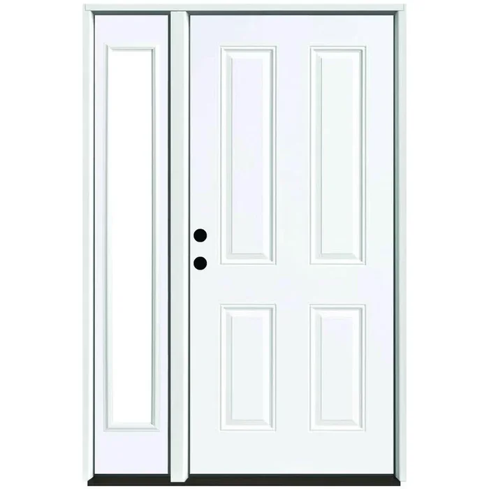 51 in. x 80 in. 4-Panel Primed White Right-Hand Steel Prehung Front Door with 12 in. Clear Glass Sidelite 4 in. Wall