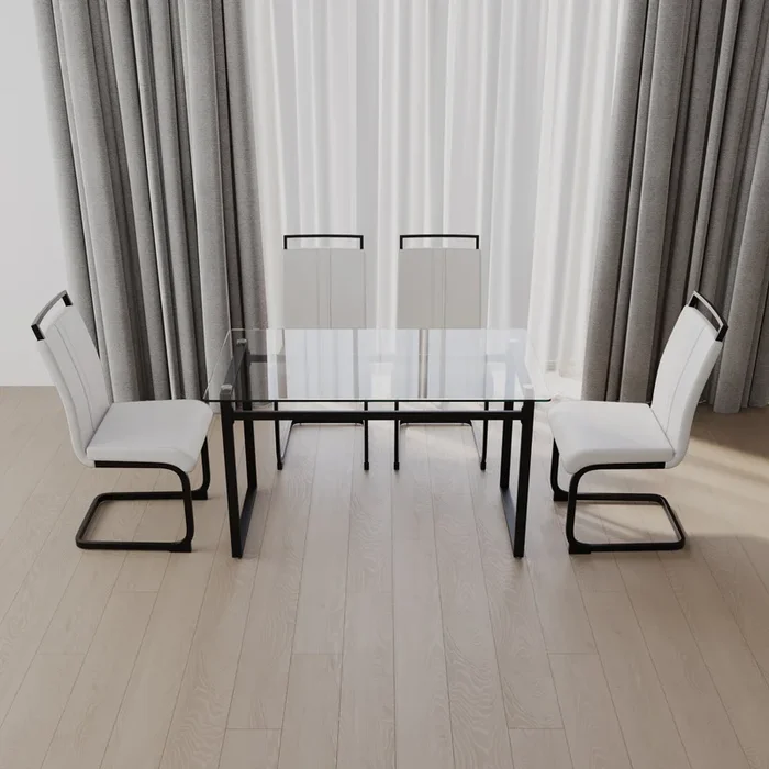 51 Inch Glass Dining Table Set For 4, Dining Table & Chair Sets With Black Metal Legs For Kitchen, Modern Rectangle Tempered Glass Table Top And Pu Dining Armless Chair For Dining Room Transparent Glass