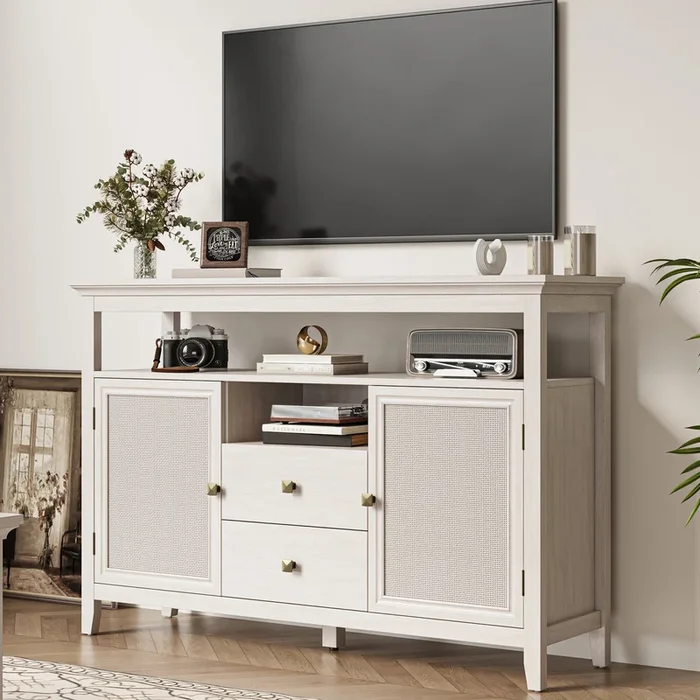 52.8″ Rattan Sideboard, Boho Farmhouse Storage Cabinet With Adjustable Shelves, Accent Buffet Cabinet For Kitchen White Wood Rattan