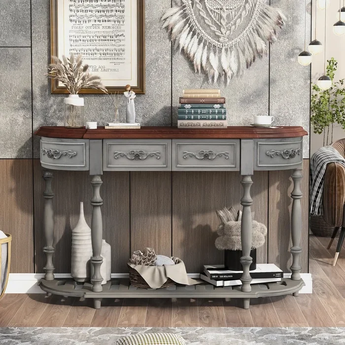 52”Modern And Contemporary Curved Console Table Sofa Table Entryway Table For Hallway Living Room With 4 Drawers And 1 Shelf Antique Gray Mdf