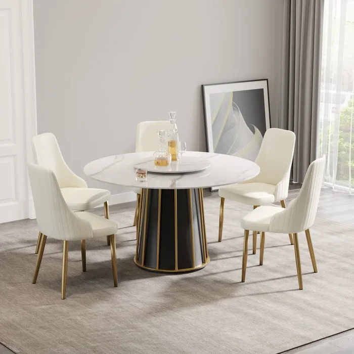 53.15″Modern Artificial Stone Round White Panel Metal Iron Base Dining Table Can Accommodate 6 People 23.62″White Artificial Stone Turntable Not Including Chairs White Dining Room Metal Sintered Stone