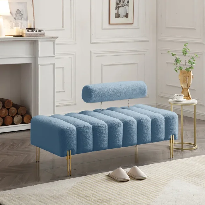 53.2″ Width Modern End of Bed Bench Sherpa Fabric Upholstered 2 Seater Sofa Couch Entryway Ottoman Bench Fuzzy Sofa Stool Footrest Window Bench with Gold Metal Legs for Bedroom Living Room,Light Blue