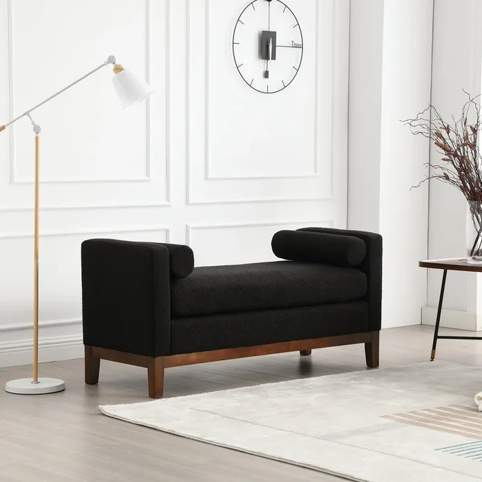 53.5″W Elegant Upholstered Bench, Ottoman with Wood Legs & Bolster Pillows for End of Bed, Bedroom, Living Room, Entryway, Black