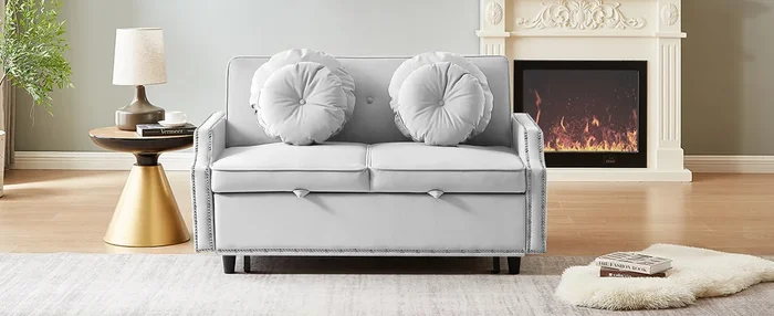 54.7″ Multiple Adjustable Positions Sofa Bed Stylish Sofa Bed With A Button Tufted Backrest, Two Usb Ports And Four Floral Lumbar Pillows For Living Room, Bedroom,Or Small Space, Light Grey Light Grey Foam Polyester 2 Seat