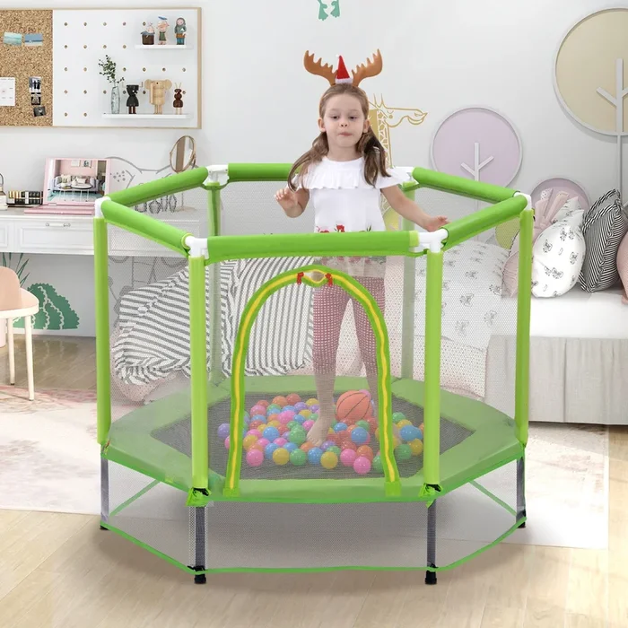 55” Toddlers Trampoline With Safety Enclosure Net And Balls, Indoor Outdoor Mini Trampoline For Kids Green Metal