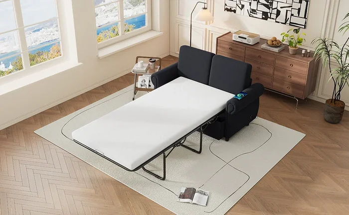 57.9″ Orisfur Pull Out Sofa Bed Loveseat Sleeper With Twin Size Memory Mattress With Two Usb Ports For Living Room Spaces, Black Black Foam Linen